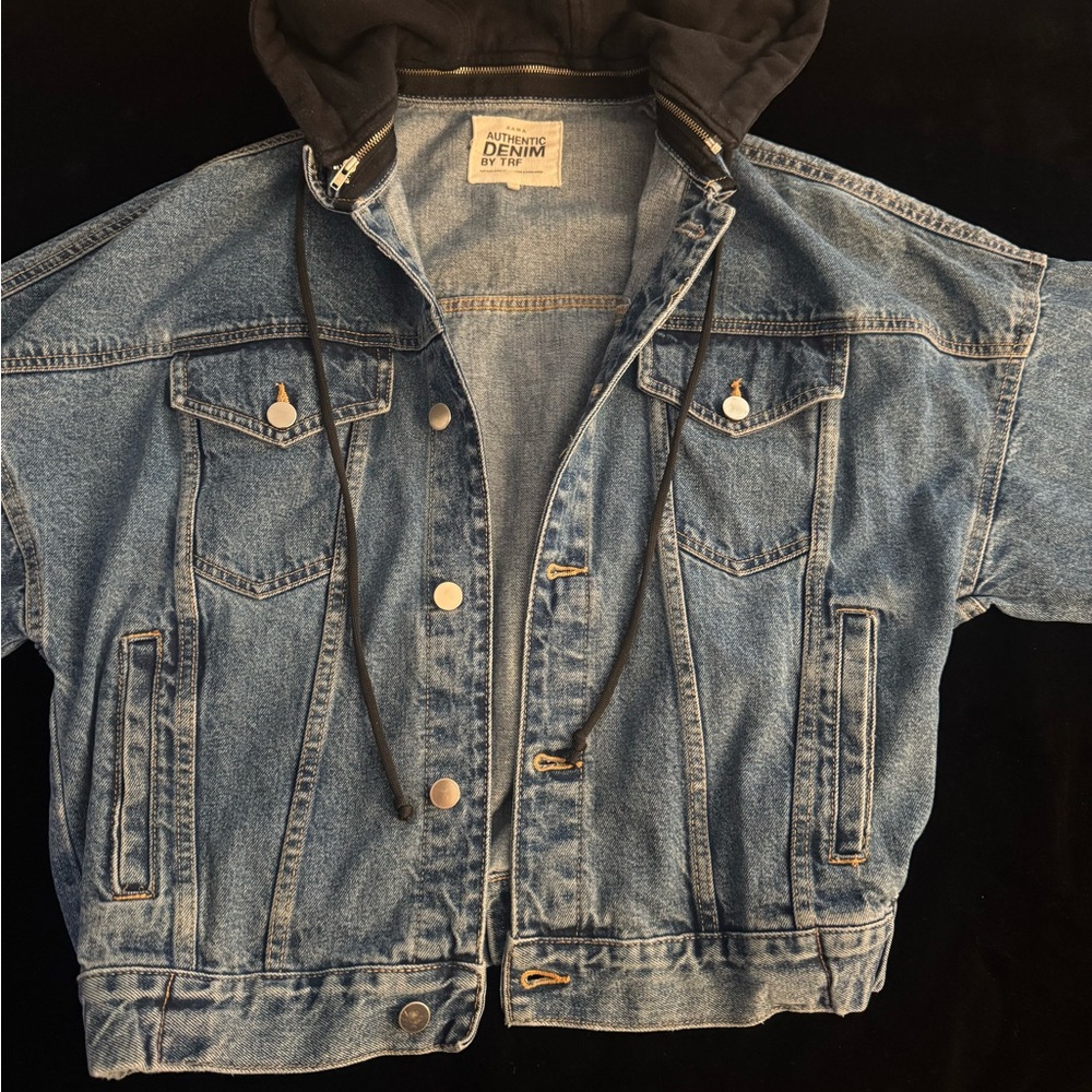 Zara Blue Denim Jacket with Black Hood